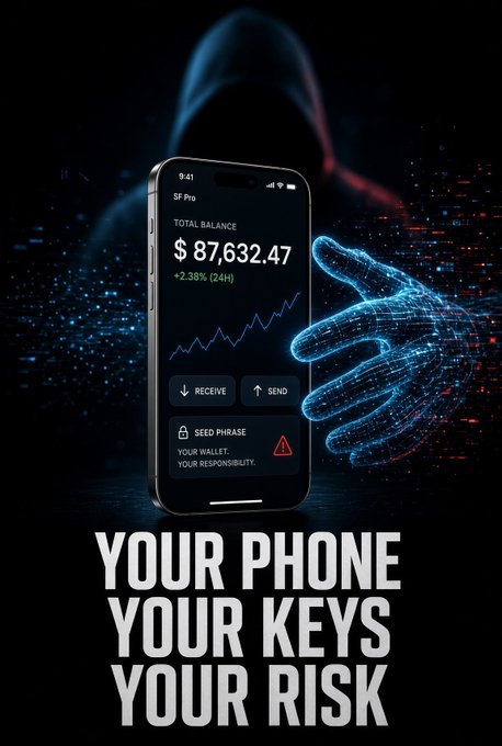 Digital artwork depicting a hooded figure reaching toward a smartphone displaying a crypto wallet balance of $87,632.47 with the text 'YOUR PHONE YOUR KEYS YOUR RISK'.