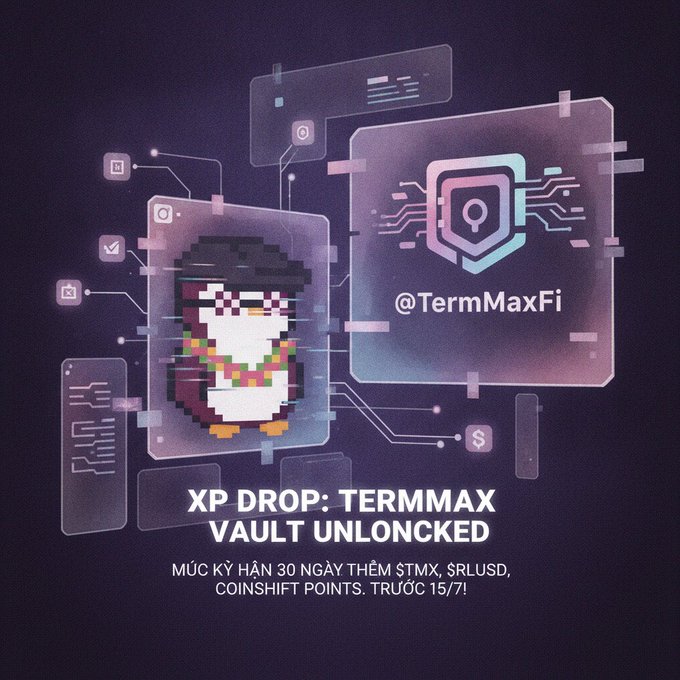 A dark purple promotional image for @TermMaxFi with a pixelated penguin, reading 'XP DROP: TERMMAX VAULT UNLOCKED — MỨC KÝ HẠN 30 NGÀY THÊM $TMX, $RLUSD, COINSHIFT POINTS. TRƯỚC 15/7!'.