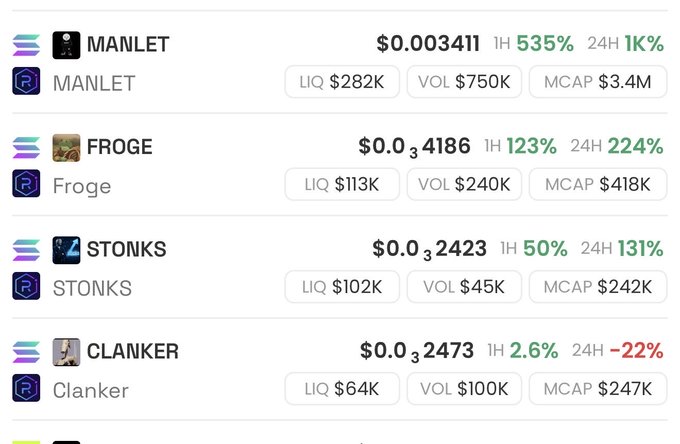 The image shows a cryptocurrency price tracker listing meme tokens including MANLET ($0.003411, up 535% 1H), FROGE ($0.04186, up 123% 1H), STONKS ($0.02423, up 50% 1H), and CLANKER ($0.02473, up 2.6% 1H). The post highlights STONKS, emphasizing its recent 50% 1-hour gain as a "cheap to grab" opportunity ahead of a "Pve mode" launch that could drive the ecosystem parabolic.