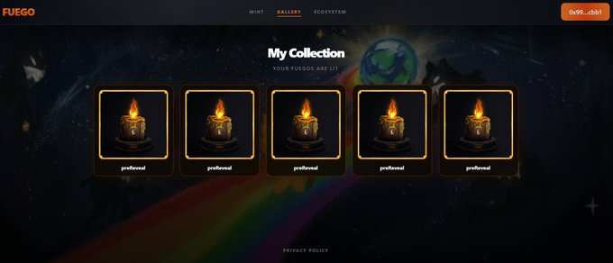 FUEGO NFT gallery page showing 'My Collection' with five 'prefirecoal' NFT items displayed against a space-themed background.