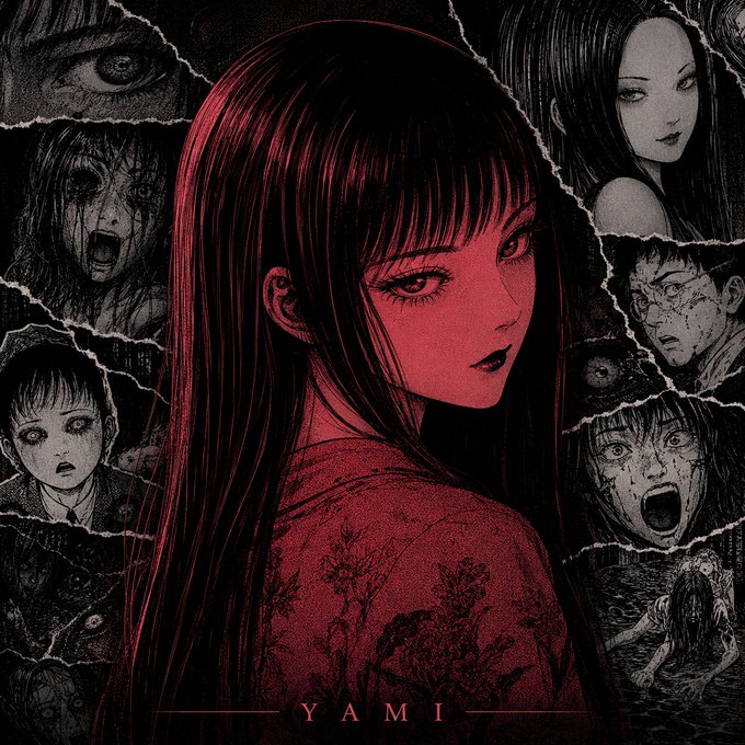 Dark horror-style illustration featuring a red-tinted portrait of a girl with long dark hair, surrounded by torn-paper panels showing various grotesque and screaming faces, with the name 'YAMI' at the bottom.