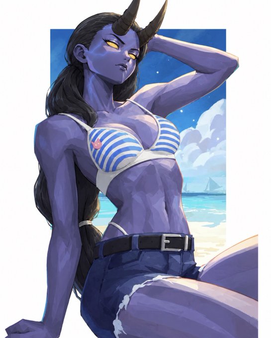 An illustration of a purple-skinned demonic female character with horns and yellow eyes, wearing a blue and white striped bikini top and denim shorts, posed against a beach background.