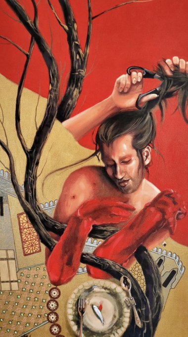 A surreal artwork featuring a shirtless man with red, bloody arms holding scissors to cut his dark hair, with his severed head placed below on a plate against a red and gold patterned background.