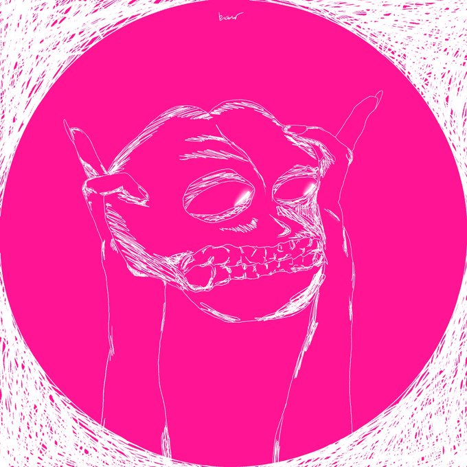 A pink and white digital illustration of a skeletal grinning face with horns inside a circle, with a small signature 'kawi' at the top.