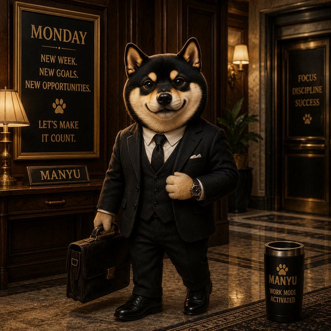 The image features a Shiba Inu dog dressed up as a businessman wearing a suit and tie, holding a briefcase. The dog appears to be standing next to a trash can or recycling bin, suggesting that he might have just finished work for the day. The caption of the image reads "Let's make this week productive, profitable, and unforgettable." This implies that the Shiba Inu is promoting the idea of making the most out of each day by dressing up as a businessman and being productive at work.
