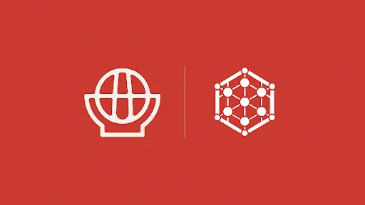 A minimalist red graphic showing two white icons: a globe/location marker symbol on the left and a hexagonal network/node diagram on the right.