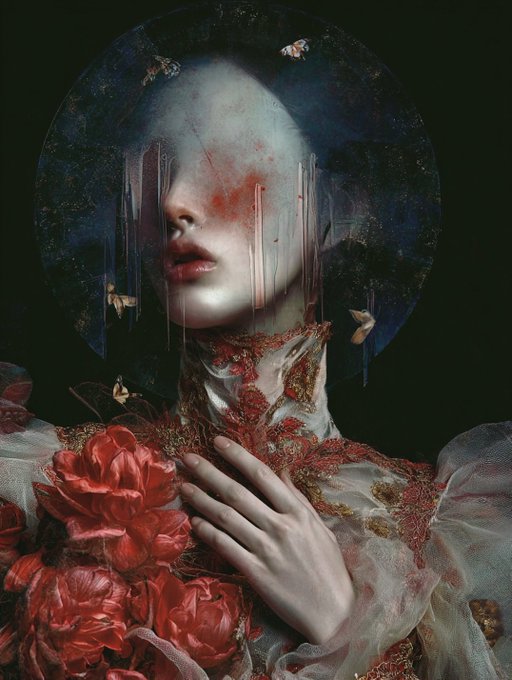A surreal digital painting of a pale woman with red-streaked eyes, wearing an ornate red and gold embroidered dress, surrounded by red roses and small butterflies against a dark background.