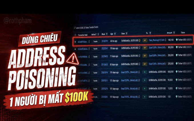A video thumbnail warning about 'ADDRESS POISONING' in Vietnamese ('ĐỪNG CHIÊU') with the text '1 NGƯỜI BỊ MẤT $100K', showing a list of suspicious crypto transactions.