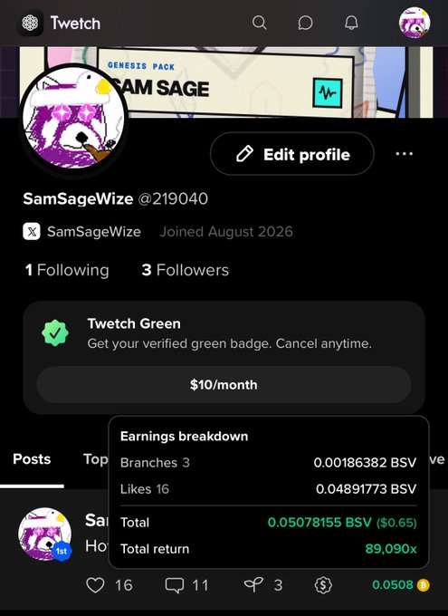 A screenshot of a Tweetch social media profile for 'SamSageWize' (@219040), showing an earnings breakdown in BSV with a total return of 89,090x.