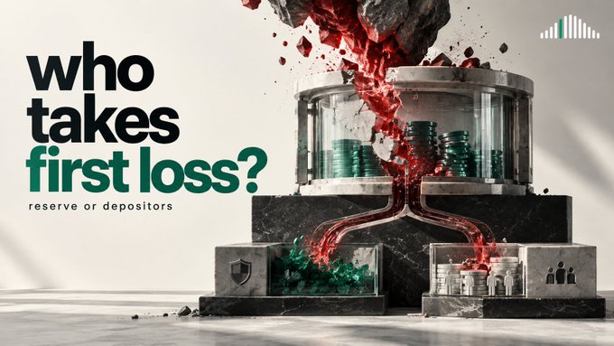 Promotional graphic with text 'who takes first loss? reserve or depositors' depicting coins flowing between glass containers with red liquid bursting out.