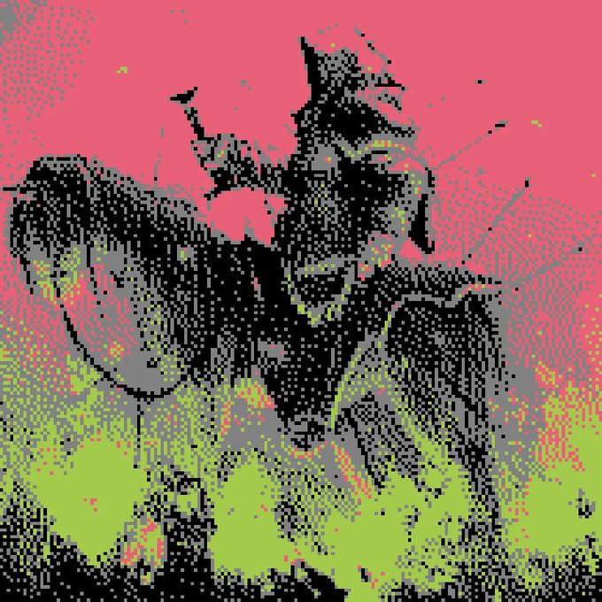 A heavily pixelated, high-contrast image depicts a dark, robed figure and a skeletal shape against a vibrant pink and green background.