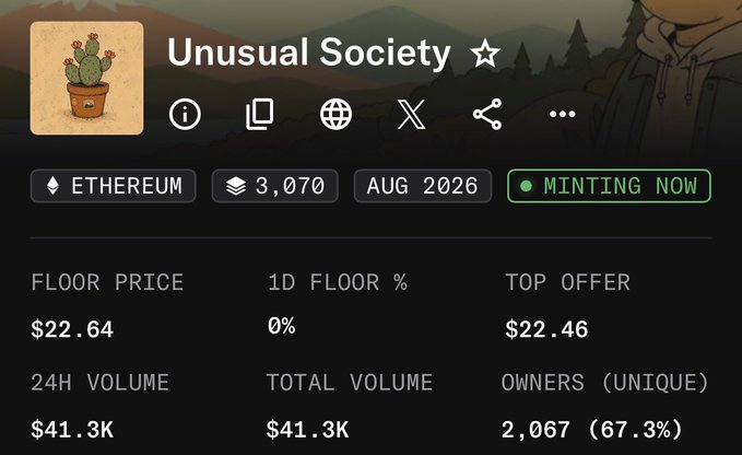 An NFT collection stats page for 'Unusual Society' shows it is currently minting on Ethereum, with a floor price of $22.64, 3,070 items, and 2,067 unique owners.