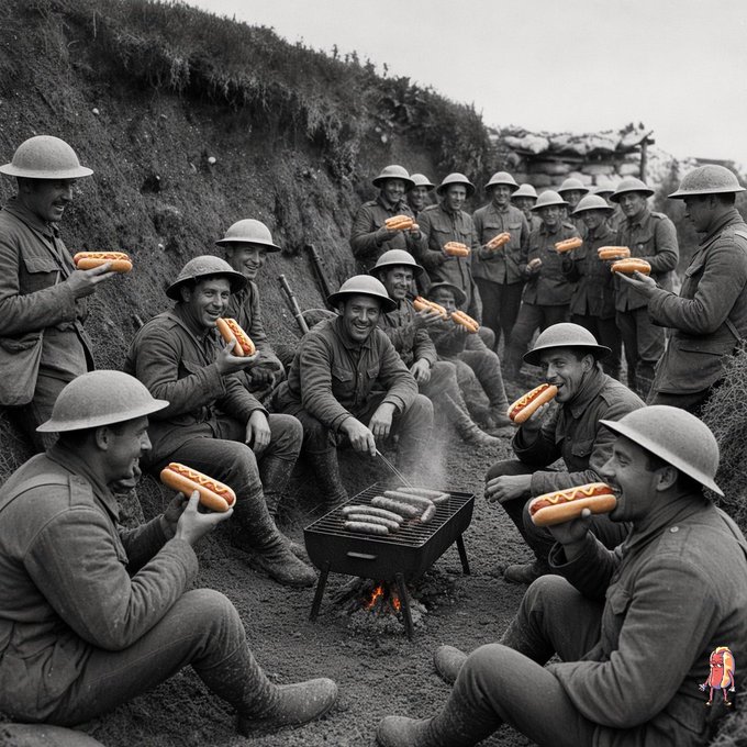 A black-and-white, AI-generated-style image showing WWI soldiers wearing helmets, smiling, and eating hot dogs while sitting around a small grill in a trench.