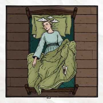 An illustration depicts a person with short hair lying under a green cover on a wooden bed, dreaming with clouds visible above their head.