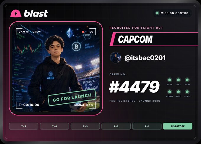 A 'blast' mission control interface shows 'CAPCOM @itsbac0201' recruited for flight 001, crew no. #4479, with a 'GO FOR LAUNCH' countdown at T-00:10:00 and a 'BLASTOFF' button highlighted.