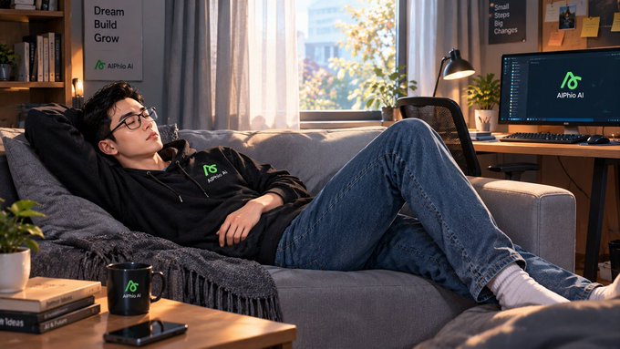 A relaxed man wearing glasses reclines on a gray sofa in a bright home office, surrounded by plants, books, a phone, a mug, and a monitor displaying an “AIPRO AI” logo.
