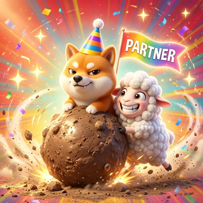 A vibrant 3D illustration featuring a Shiba Inu dog wearing a party hat and a sheep holding a rainbow flag labeled 'PARTNER' while clinging to a large asteroid.