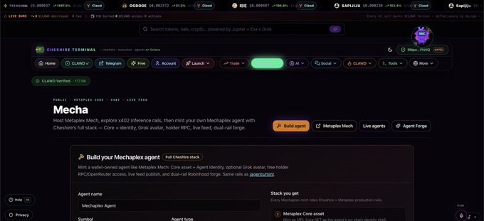 The image shows the Mecha section of Cheshireterminal.ai, an x402 launchpad on Solana, featuring tools like "Build agent," "Metaplex Mechs," "Live agents," and "Agent Forge" for building AI agents with Metaplex Core and CRC tokens. The post highlights the platform's capability to create customizable AI-powered agents, with the visible interface allowing users to mint Metaplex Mechs and deploy interactive live agents.