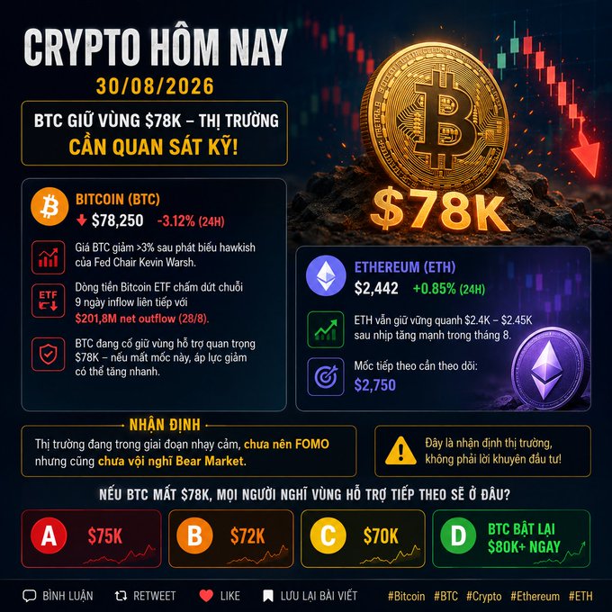 A Vietnamese crypto market infographic dated 30/08/2026 titled 'CRYPTO HỒM NAY', showing Bitcoin at $78,250 (-3.12%) and Ethereum at $2,442, with a poll asking where BTC support will land.