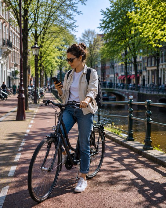 A young woman with sunglasses and a backpack stands with a bicycle on a tree-lined street in what appears to be Amsterdam, checking her phone beside a canal with historic buildings.