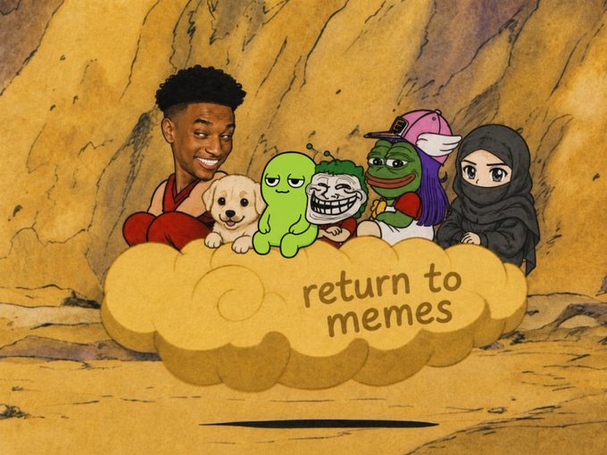 A meme featuring cartoon and anime characters sitting on a cloud with the text 'return to memes' beneath them.