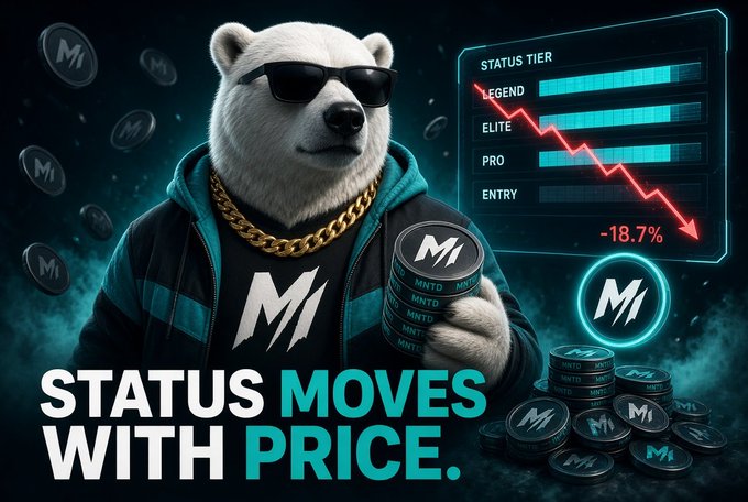 A graphic features a cool polar bear in sunglasses and gold chains holding 'MNTD' coins, with text 'STATUS MOVES WITH PRICE' and a -18.7% decline chart.