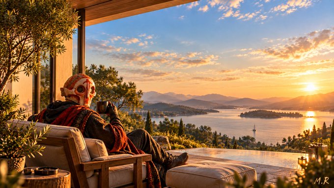 A digitally rendered or AI-generated image of a skeletal figure in a hooded robe sitting in a modern patio chair, drinking from a cup while overlooking a serene Mediterranean coastal landscape at sunset with islands, mountains, and cypress trees.