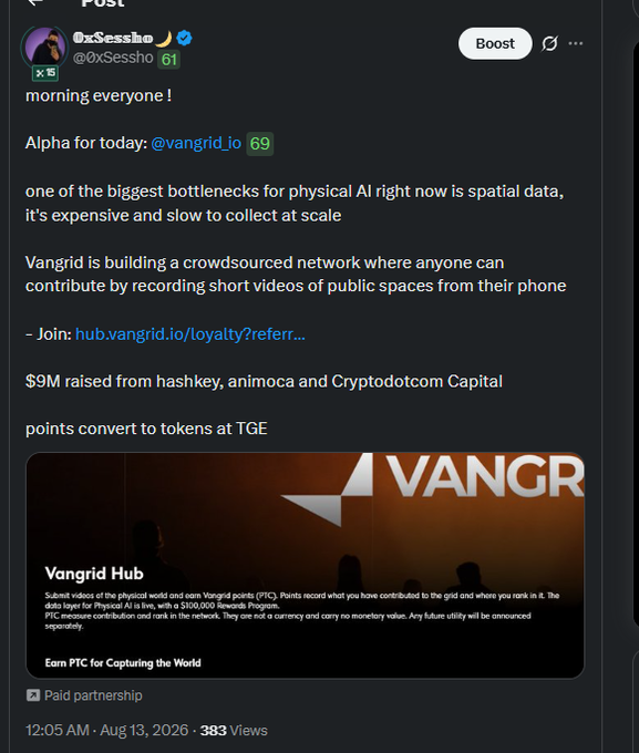 A screenshot of a social media post by @0xSessho discussing Vangrid, describing it as a crowdsourced network for collecting spatial data via short videos, mentioning $9M raised from hashkey, animoca and Cryptodotcom Capital.