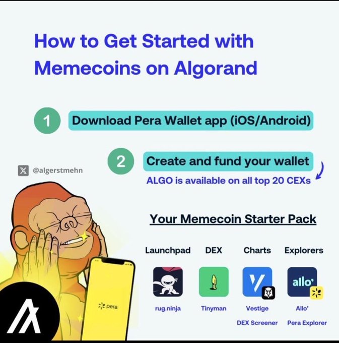 An infographic titled 'How to Get Started with Memecoins on Algorand' featuring instructions for downloading Pera Wallet and funding it with ALGO, alongside a 'Memecoin Starter Pack' of apps including rug.ninja, Tinyman, Vestige, and Allo'.