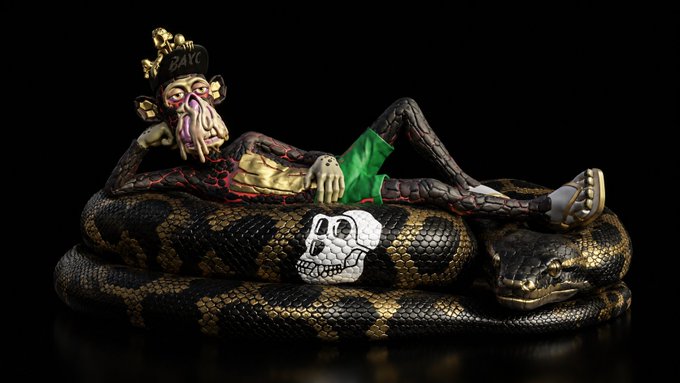 A grotesque Mutant Ape Yacht Club figurine lounges on a coiled python, featuring a melting face, a small crown with "BATE" text, and a skull emblem on its green shorts. The dark, edgy aesthetic of the sculpture aligns with the Bored Ape Yacht Club's signature mutant NFT art style.