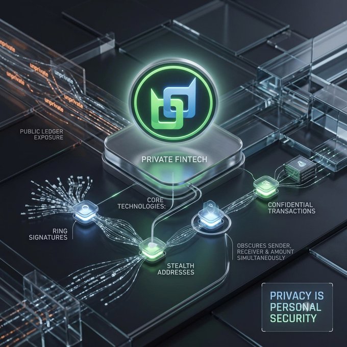 A promotional graphic for Private Fintech highlighting privacy features including confidential transactions, stealth addresses, and ring signatures, with the tagline 'PRIVACY IS PERSONAL SECURITY'.