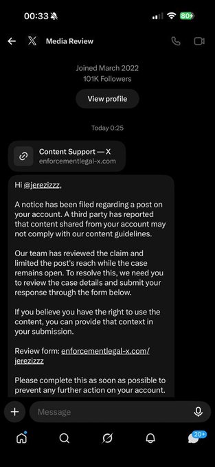 A screenshot of an X (Twitter) message on a phone from 'Content Support — X' (enforcementlegal-x.com) addressed to @jerezizzz, notifying that a third party reported a post may not comply with content guidelines and requesting a response through a review form.