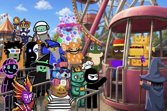 A vibrant cartoon scene showing a crowd of diverse NFT-style characters waiting in line at an amusement park, including figures in wizard hats, hooded robes, and a person holding a Bitcoin balloon, with a Ferris wheel in the background.