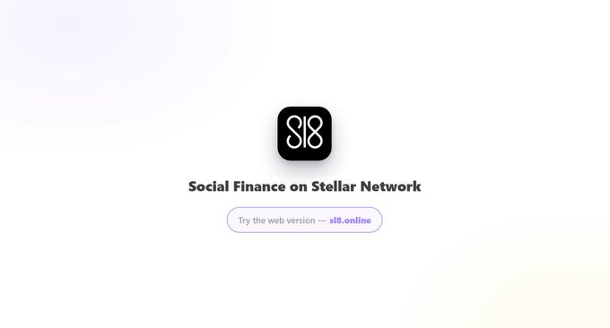 The image shows the Sl8 landing page featuring its "SF" logo with the heading "Social Finance on Stellar Network" and a button prompting users to "Try the web version — sl8.online." It serves as a branded introduction to the platform being promoted in the post, which outlines Sl8's simple, jargon-free staking options on the Stellar network.