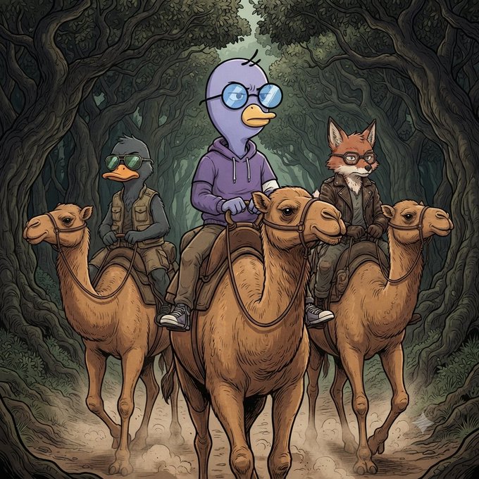 An illustrated scene of anthropomorphic characters—a duck, bird, and fox wearing sunglasses and casual clothing—riding camels through a forest.
