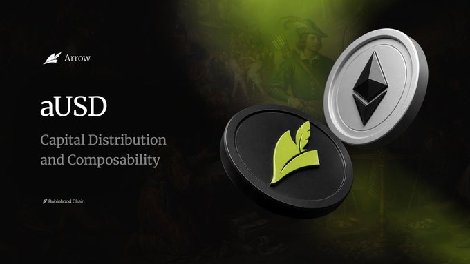 A promotional graphic for 'aUSD - Capital Distribution and Composability' featuring Arrow and Robinhood Chain logos, with 3D-rendered Ethereum and aUSD cryptocurrency tokens floating against a dark background with green atmospheric lighting.