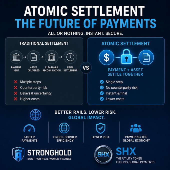 An infographic titled 'ATOMIC SETTLEMENT: THE FUTURE OF PAYMENTS' comparing Traditional Settlement (multiple steps, counterparty risk, delays, higher costs) with Atomic Settlement (single step, no counterparty risk, instant, lower costs), branded by STRONGHOLD and SHX token.