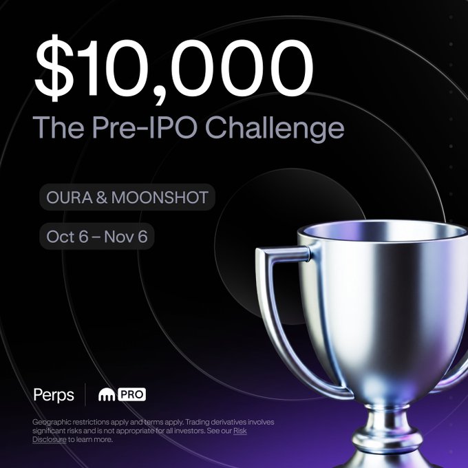 An advertisement for a $10,000 Pre-IPO Challenge promotion for OURA & MOONSHOT running Oct 6 – Nov 6, featuring a silver trophy against a dark background.