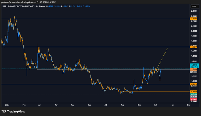 A TradingView chart showing the price of DOT/TetherUS Perpetual Contract on Binance from October 10, 2025, to October 10, 2026, with the current price at 1.2249 USDT.