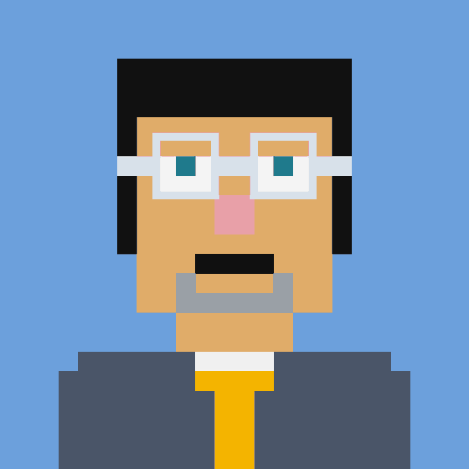 A pixel-art portrait of a man with glasses, dark hair, a gray goatee, and a yellow tie against a blue background.