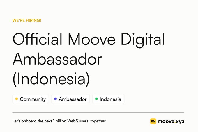 The image features a white background with black text that reads "we're hiring! Official Mooove Digital Ambassador (Indonesia)". The text is written in bold letters, making it stand out against the white background. Below this information, there are three bullet points providing more details about the program. These bullet points include the names of the countries involved and their respective populations.