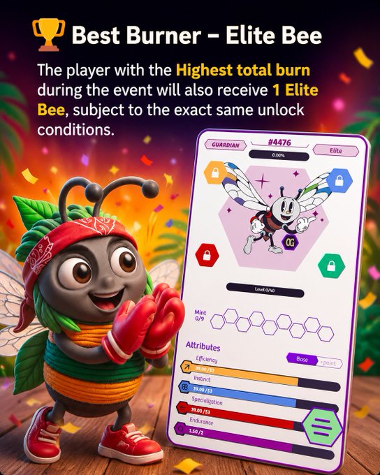 Game promotion for 'Best Burner - Elite Bee' showing bee character with boxing gloves and stats including Efficiency, Instinct, Specialization, and Endurance.