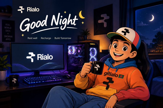 A cartoon illustration features a smiling young man in an orange hoodie and cap holding a mug, sitting at a gaming PC setup with purple lighting, accompanied by the text 'Rialo Good Night' and 'Rest well · Recharge · Build Tomorrow'.