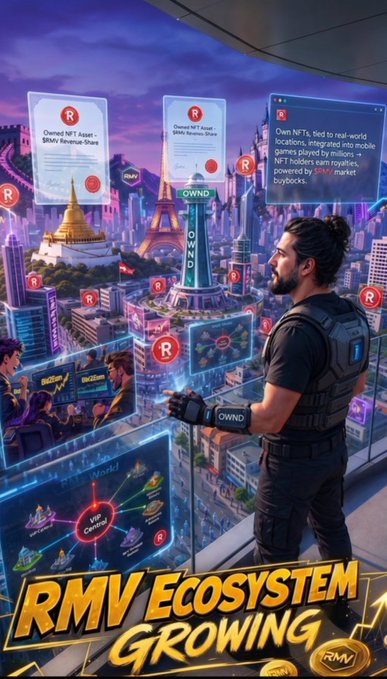 A futuristic digital illustration showing a man with a smartwatch viewing floating holographic panels labeled "R" with text about NFTs, $RMV Revenue Share, and the OWND tower, with "RMV ECOSYSTEM GROWING" at the bottom.
