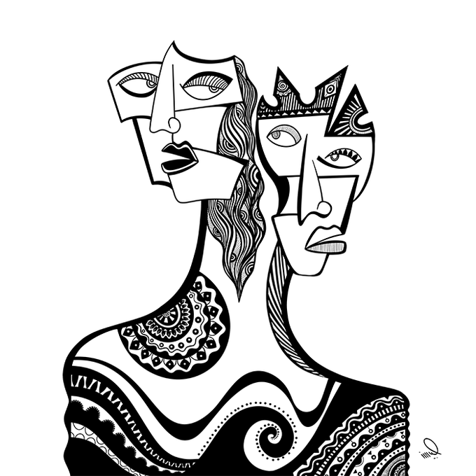 A black and white abstract cubist line drawing depicting two stylized female figures with elongated faces, intricate patterned clothing, and artistic geometric features.