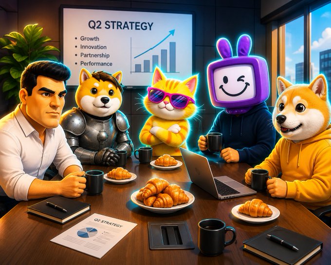 A cartoon image shows a group of animal characters gathered around a desk with their laptops open, enjoying breakfast together while wearing glasses and sunglasses. There are four main animals present: two cats and two dogs sitting behind the table. In addition, there is one person in an office attire participating in the meeting. The scene conveys a sense of camaraderie among the characters as they enjoy their coffee break and discuss strategy for GM Vibes Only!.
