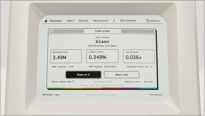 A webpage display shows the 'blanc' public profile for $MACINTOSH/$AAPL token, with Macintosh held at 3.49M, share of supply 0.349%, and AAPL received at 0.036+, including a 'Share on X' button.