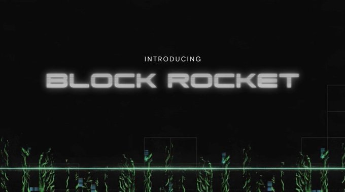 A dark promotional graphic with neon green accents reading 'INTRODUCING BLOCK ROCKET' in a glowing futuristic font against a black background.