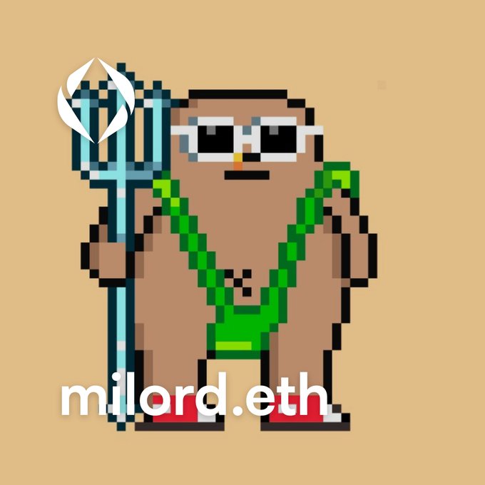 A pixel art character wearing sunglasses, a green necklace, and red shoes while holding a blue trident, with the text 'milord.eth' at the bottom.