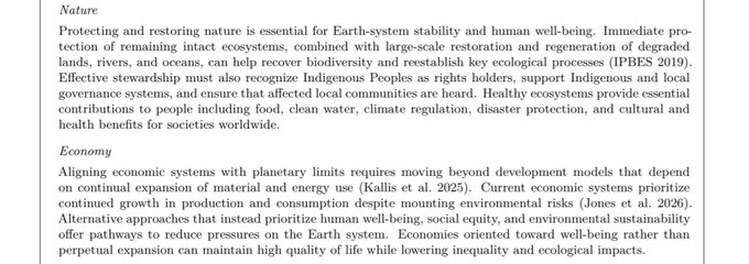 An excerpt of a document discussing Nature and Economy, with text covering topics like ecosystem protection, biodiversity restoration, Indigenous Peoples' rights, and economic systems aligning with planetary limits.